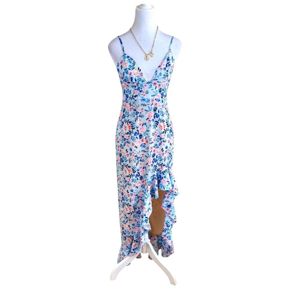 Lovers & Friends Maxi Dress Blue Floral Ruffle Front Slit (XS)